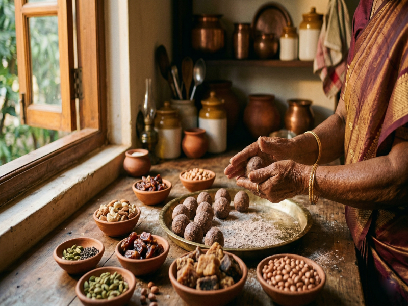 Grandmother's hands rolling traditional ladoos in an Indian kitchen — the heart of Ideal Valley of Foods
